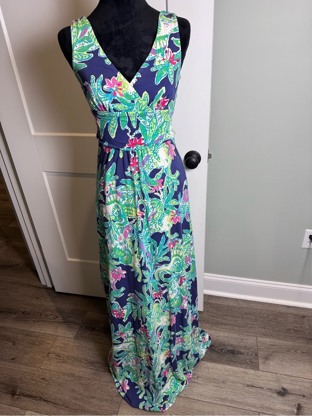 Lilly Pulitzer Sloane Maxi Dress in navy green tropical floral deep V rouched
